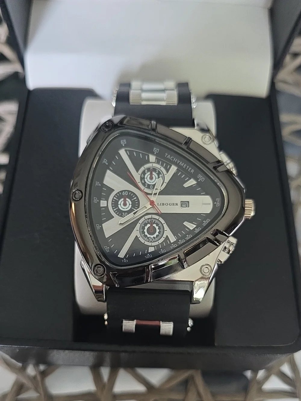 276. Unique Triangular Men's Chronograph Watch - Black & Silver